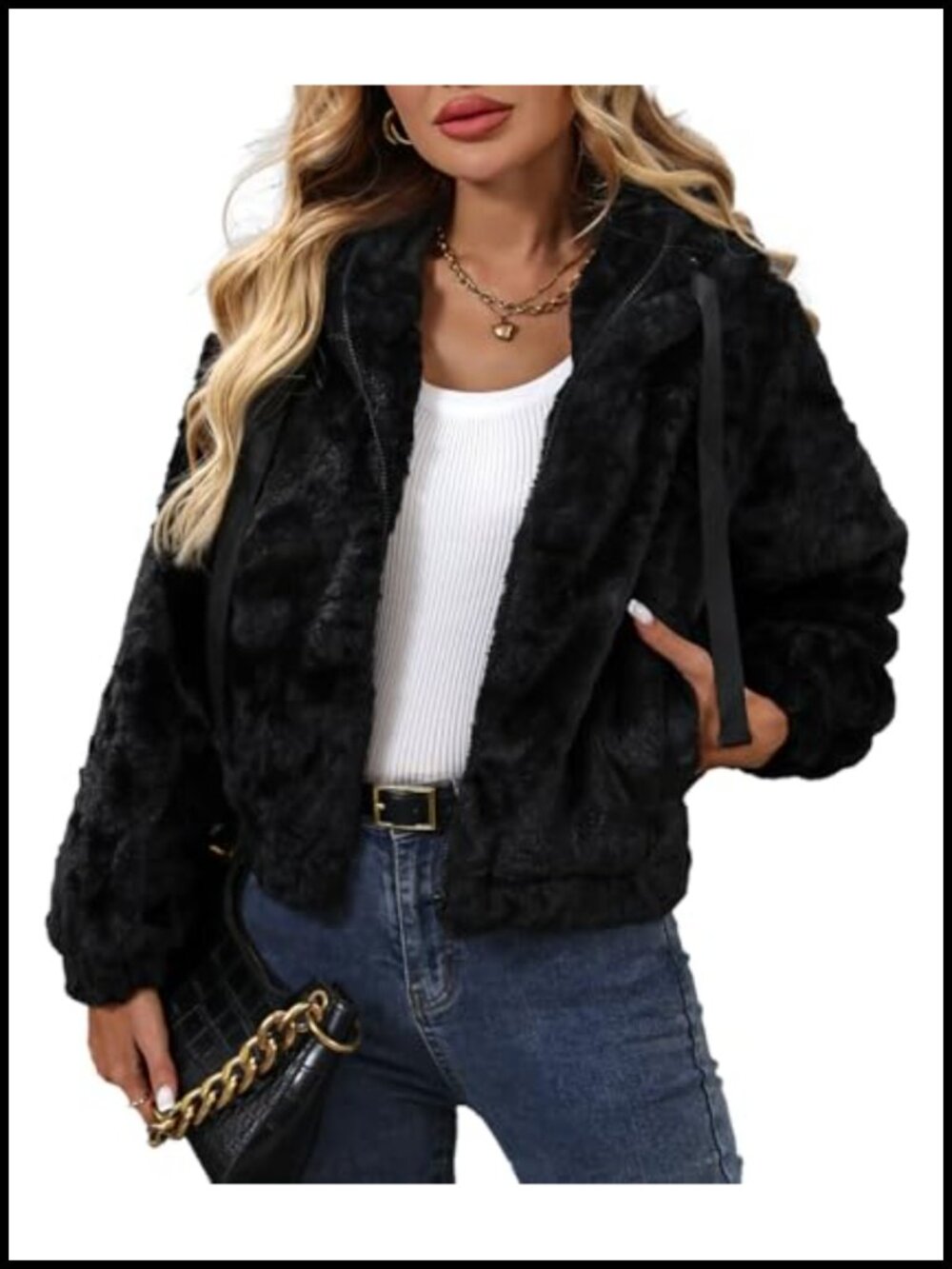Faux Fur Crop Coat Full Zip Fleece Sherpa Jacket with Hood